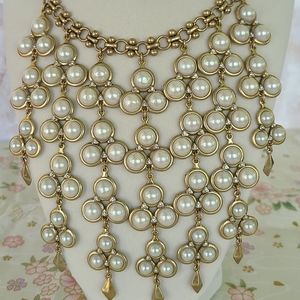 Stella & Dot, Dahlia, Faux Pearl Rhinestone Bib Statement Gold Necklace